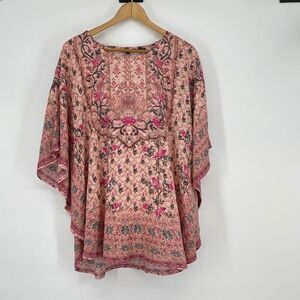 Tolani Collection Petite Printed Woven‎ Caftan Tunic Pink Floral Bird PM Boho